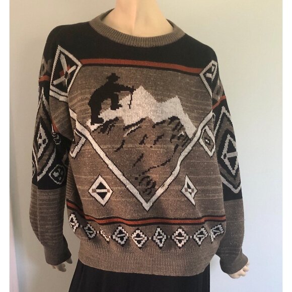 1980s Mens Sweater, Size Large, Alpine Hiking Print, Made in Bulgaria - Picture 1 of 7